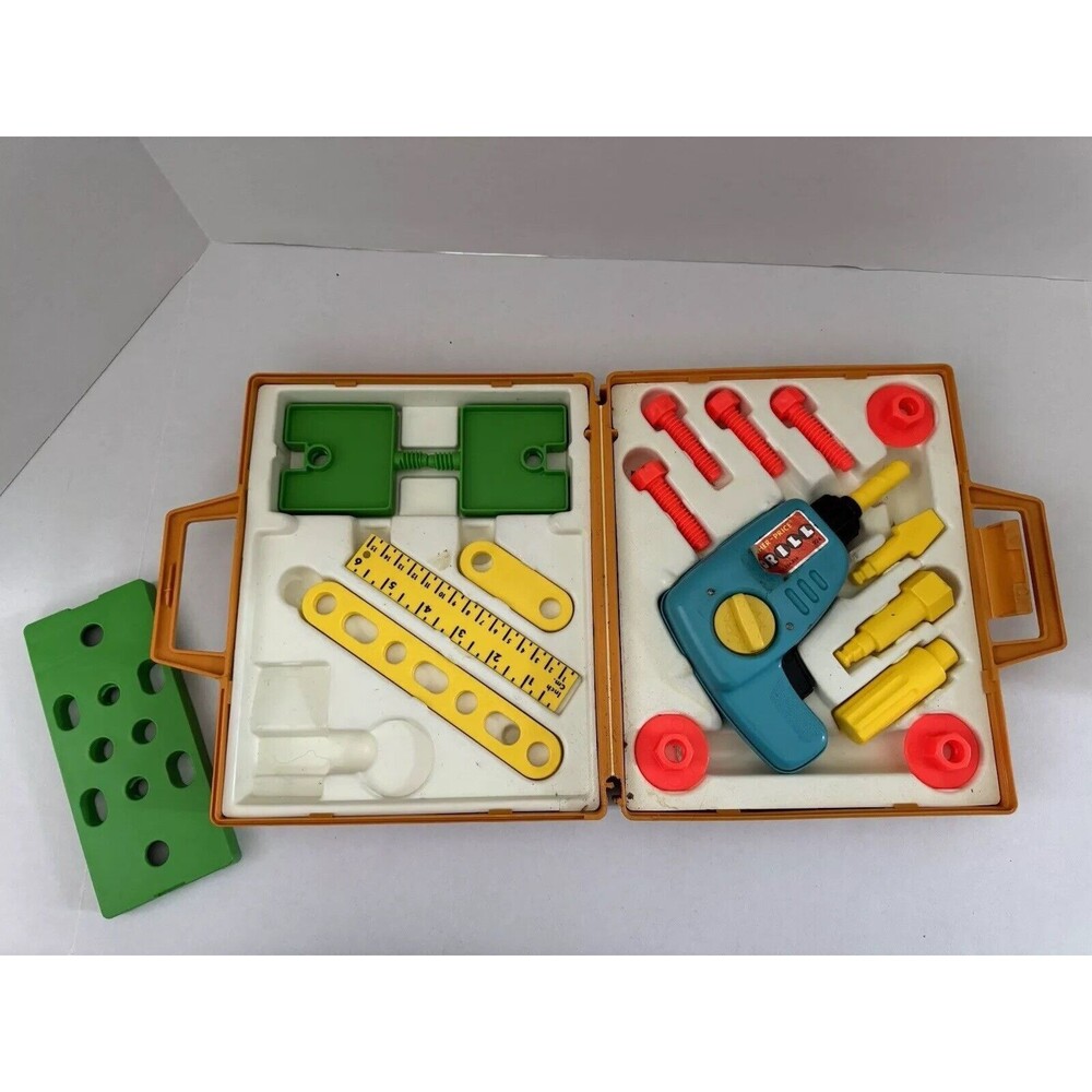 Vintage Fisher Price Toy Tool Kit Drill Screw Driver Bolts Nuts Screws